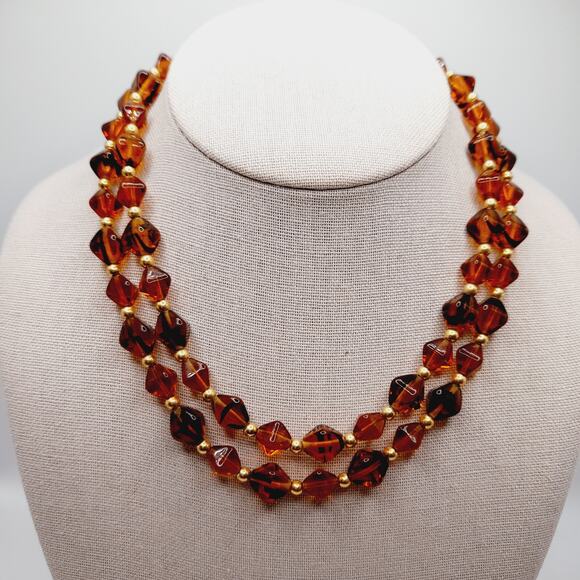 Vintage Topaz Glass Bead Two Strand Necklace Gold Tone Toggle Clasp 16” - Picture 1 of 14